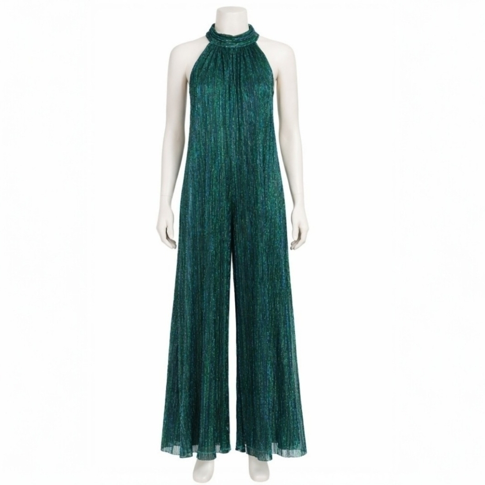 NWT MSK Petite Metallic Pleated Halter Jumpsuit |  Emerald Green | SP Wide Leg